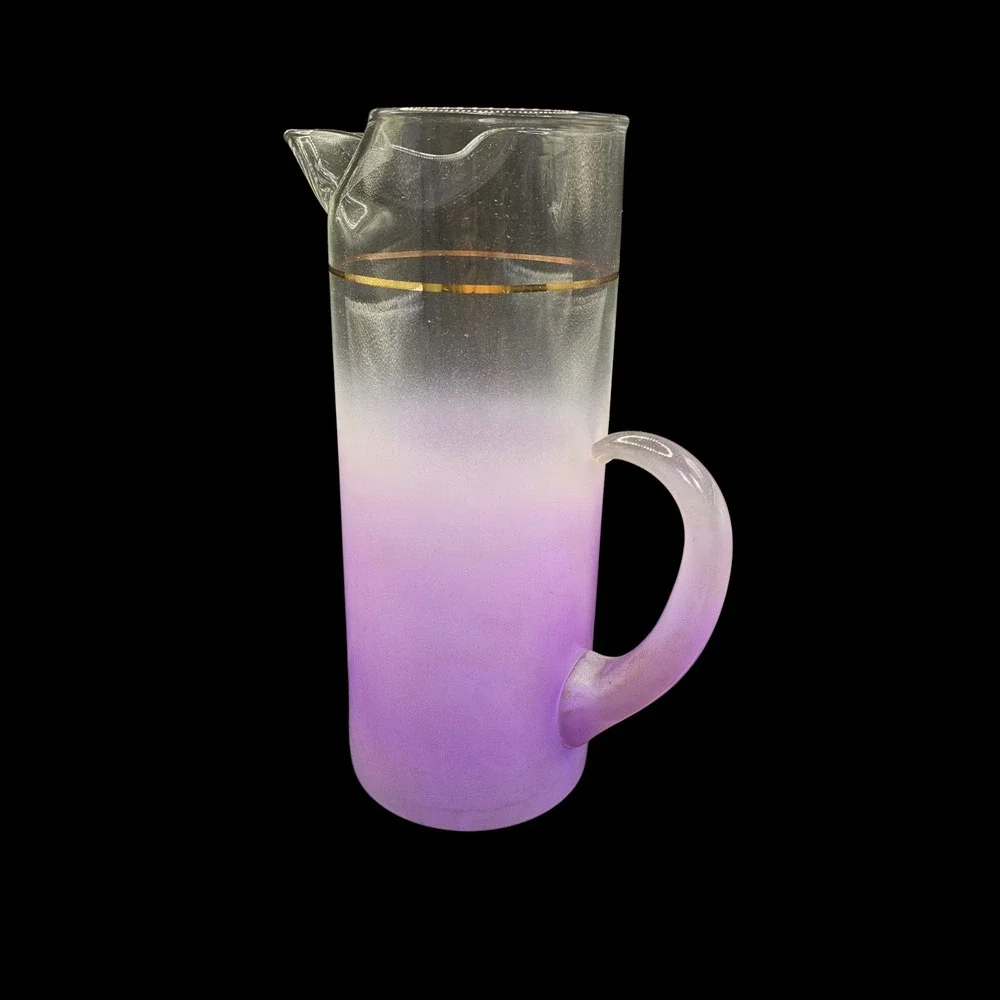Vintage Blendo Frosted Ombre Purple‎ Pitcher & 6 Tumblers Gold Rim Barware Set